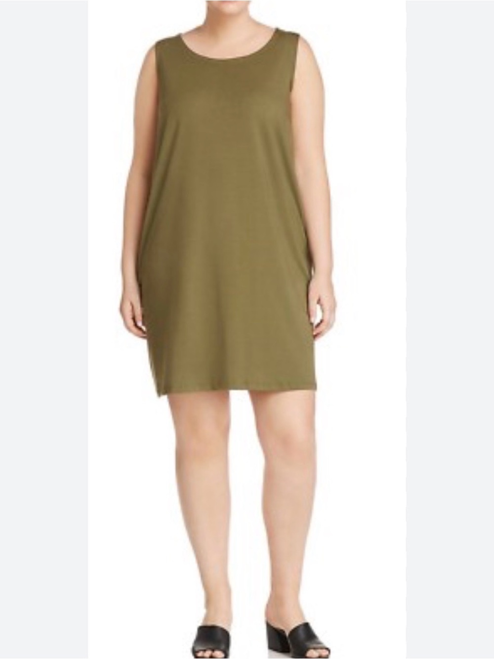 Eileen Fisher Olive Green Sleeveless Scoop Neck Dress 3XL Flowy Cotton